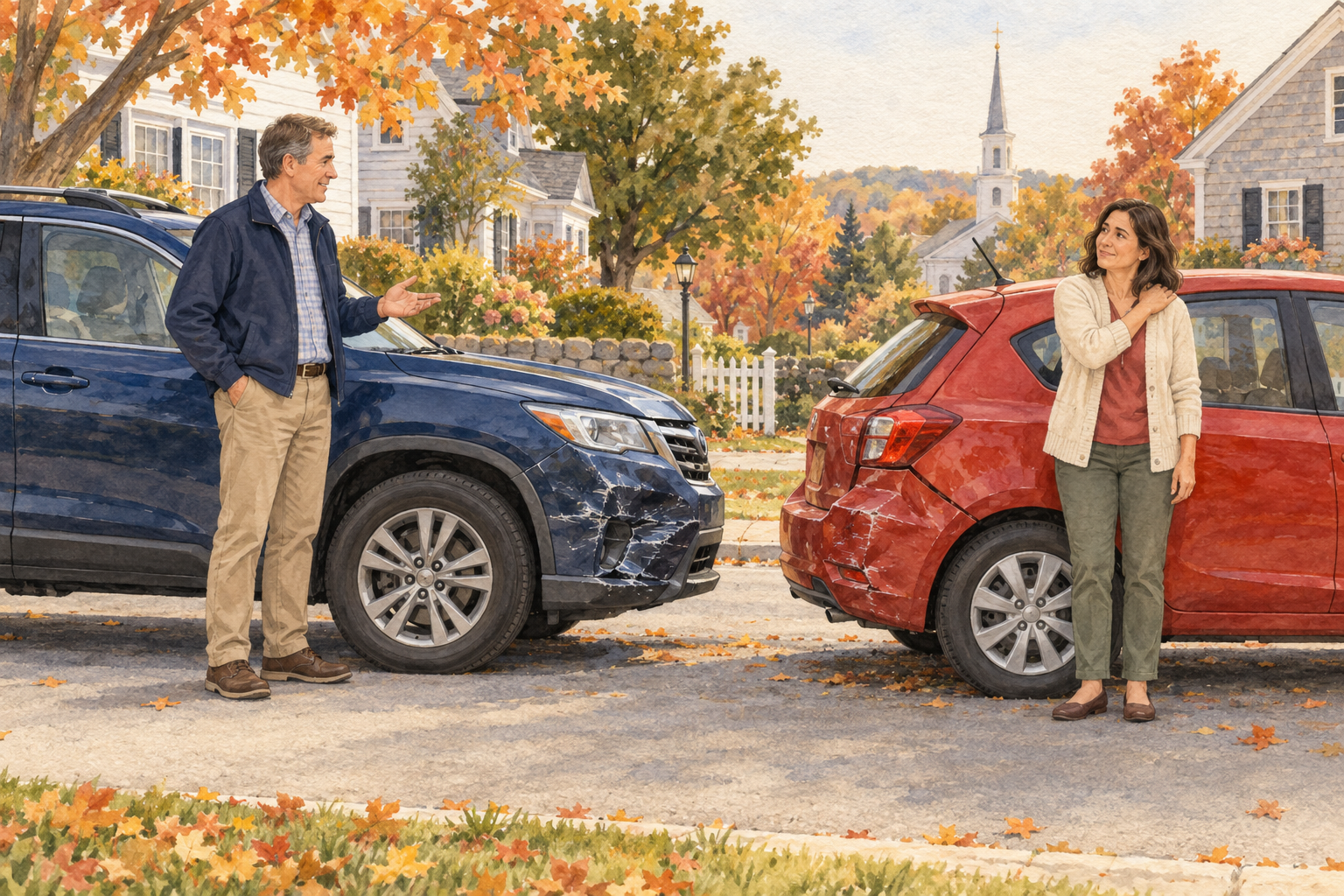 An illustrated everyday car accident, the starting point for Bob and Maria’s guided lesson